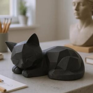 Low Poly Sleeping Cat Sculpture – Minimalist 3D Geometric Decor for Home & Office